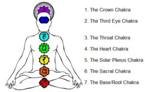 Chakras from Top to bottom: Crown, Third Eye, THroat, Heart, Solar Plexus, Sacral and Root Chakras. 